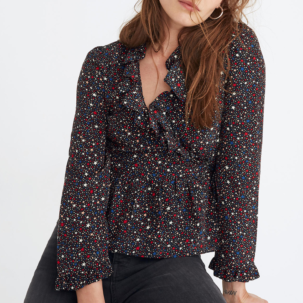 NEW! Madewell Starry Night Silk Ruffle Wrap Top…